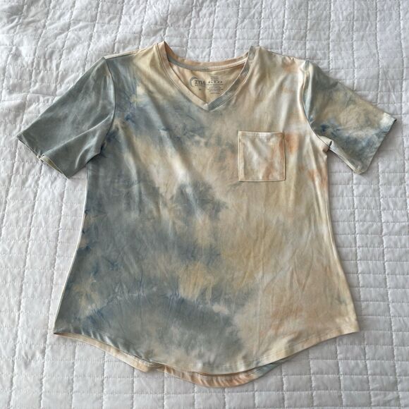 SUPERSOFT Zyia Active Tie Dye Short Sleeve Stretchy Pocket V T Shirt Top Size M - Picture 1 of 8